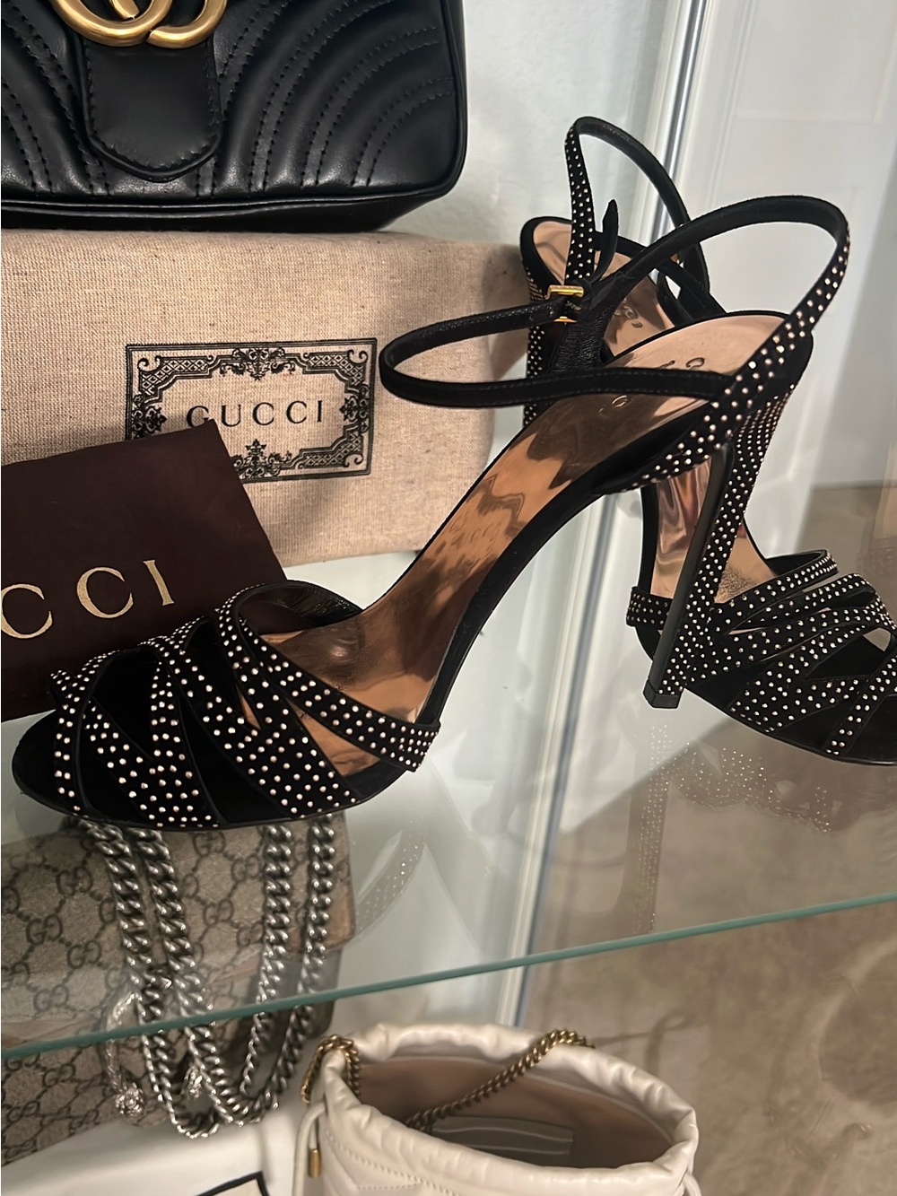 Gucci Black Crystal-Studded Strappy Heels - Picture 2 of 5